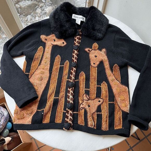 Vintage 90s Victoria Harbour Giraffe Cardigan Sweater Removable Collar - Picture 8 of 8